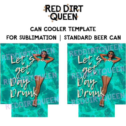 Pool water background with vintage pinup and “Let’s Get Day Drunk” text 12oz standard can cooler sublimation template PNG