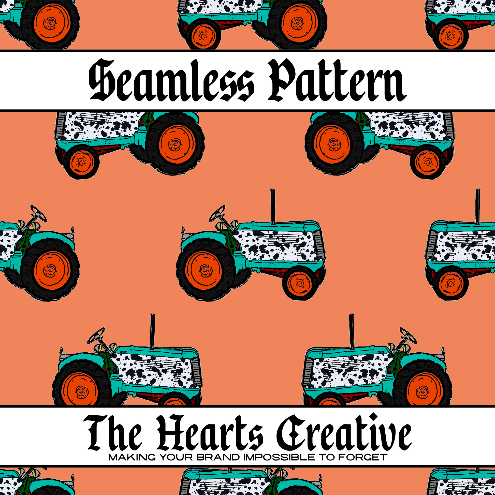 Cow print tractors on a seamless orange background