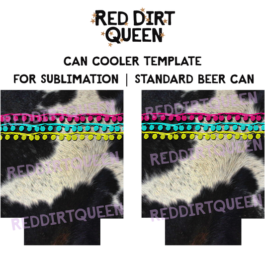 Black and white cowhide background with pink, turquoise, and green pom pom trim 12oz standard can cooler sublimation template PNG