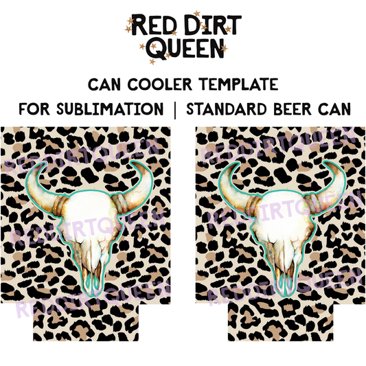 Leopard print background with bull skull graphic 12oz standard can cooler sublimation template PNG