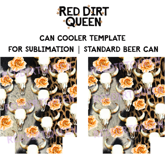 Cowhide fading into leopard background with bull skulls and floral accents on top, 12oz standard can cooler sublimation template PNG