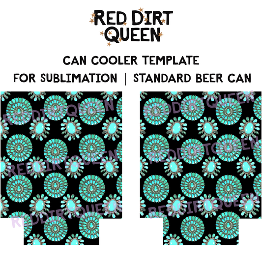 Black background with scattered turquoise stones, 12oz standard can cooler sublimation template PNG