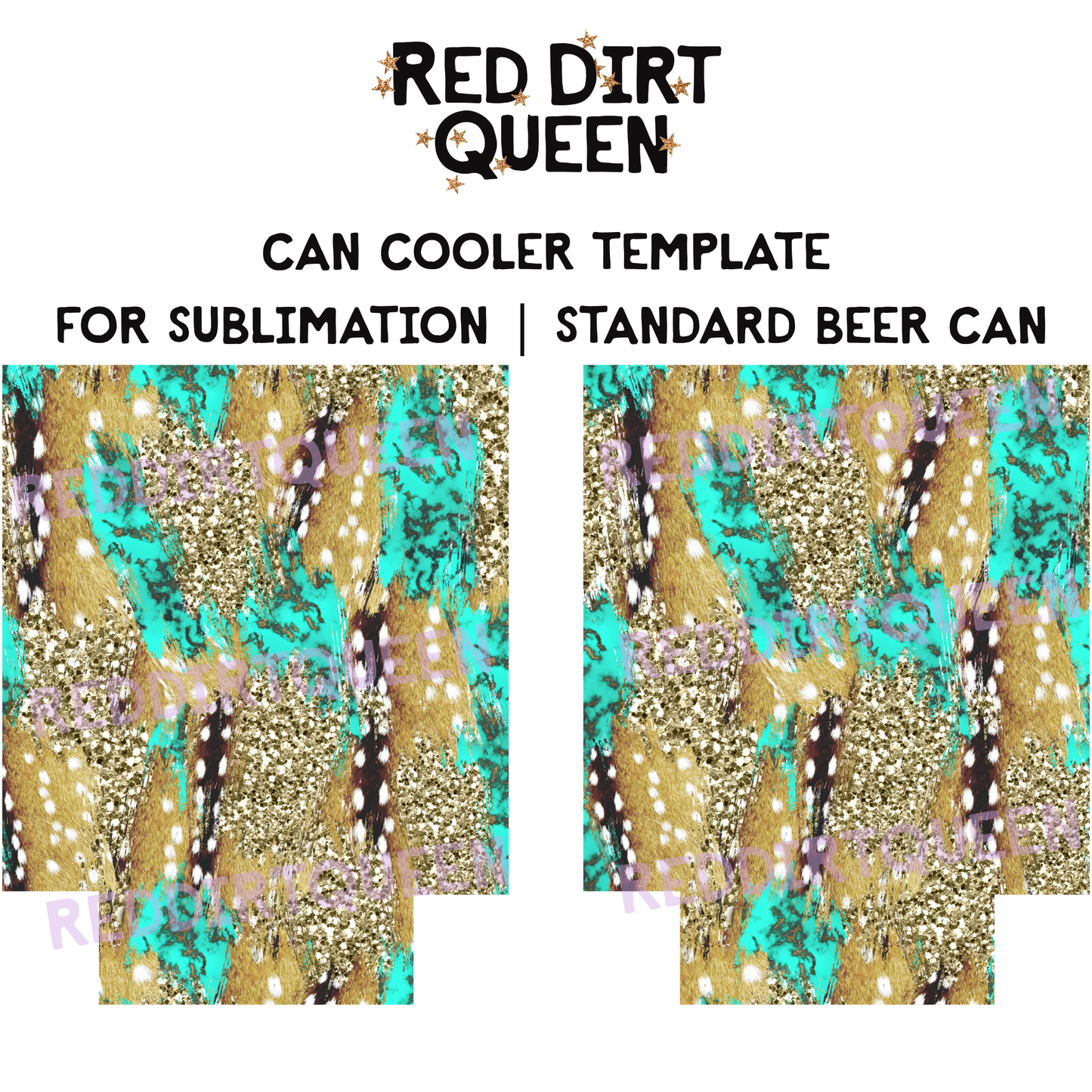 Axis deer print background with turquoise accents and gold glitter, 12oz standard can cooler sublimation template PNG