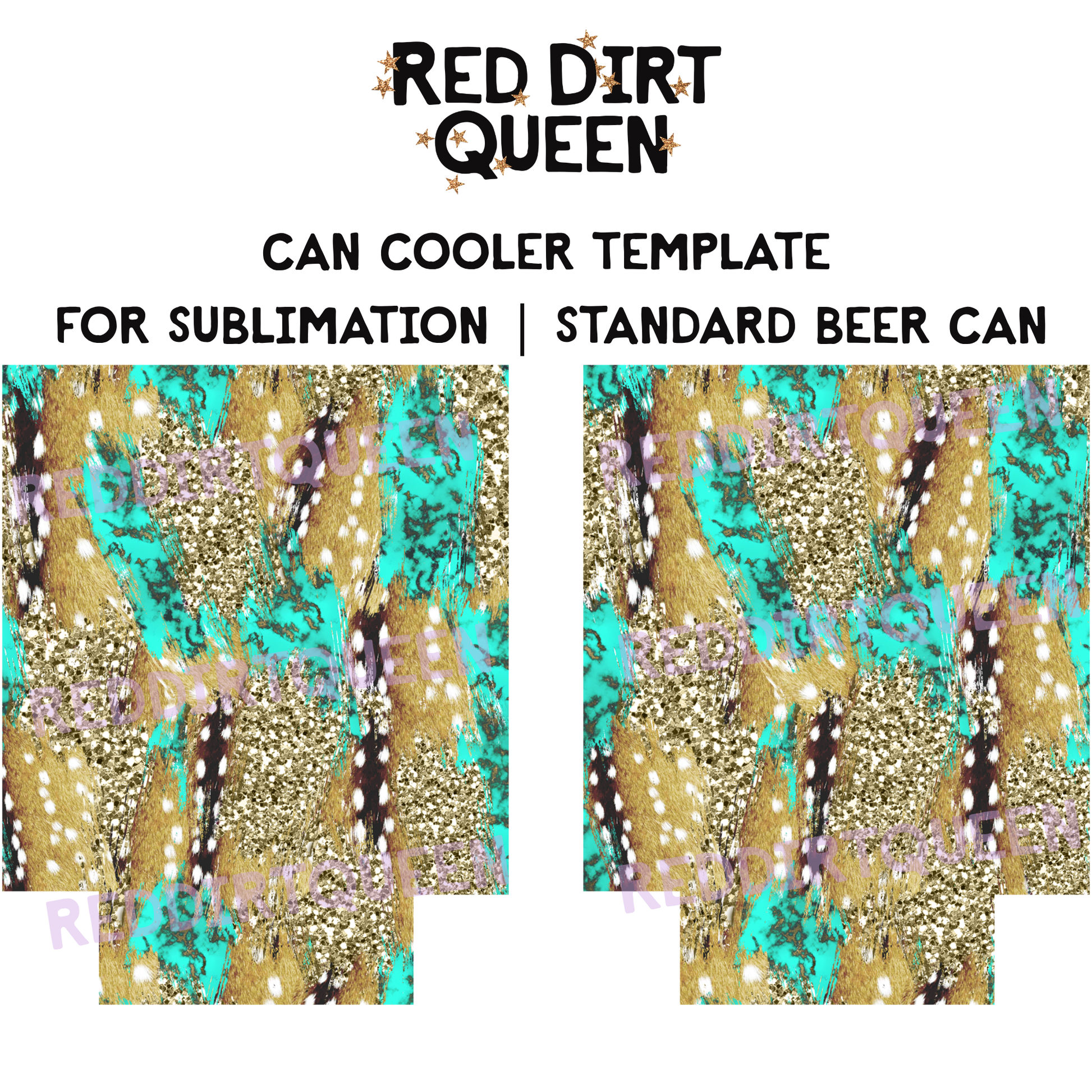 Axis deer print background with turquoise accents and gold glitter, 12oz standard can cooler sublimation template PNG