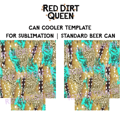 Axis deer print background with turquoise accents and gold glitter, 12oz standard can cooler sublimation template PNG