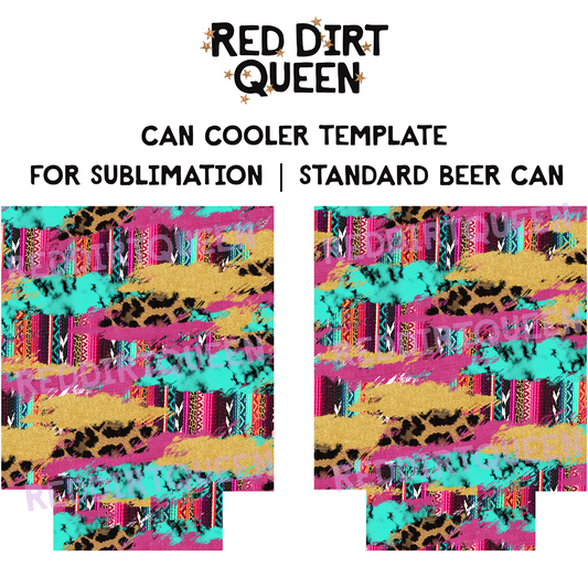 Serape, turquoise, leopard, and gold glitter pattern mix, 12oz standard can cooler sublimation template PNG