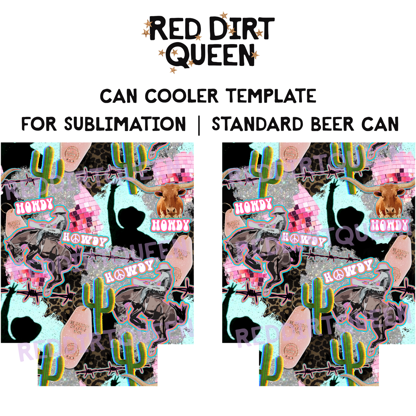 Funky cowboy collage with leopard print, disco balls, cowboys, cactus, and “Howdy” text, 12oz standard can cooler sublimation template PNG