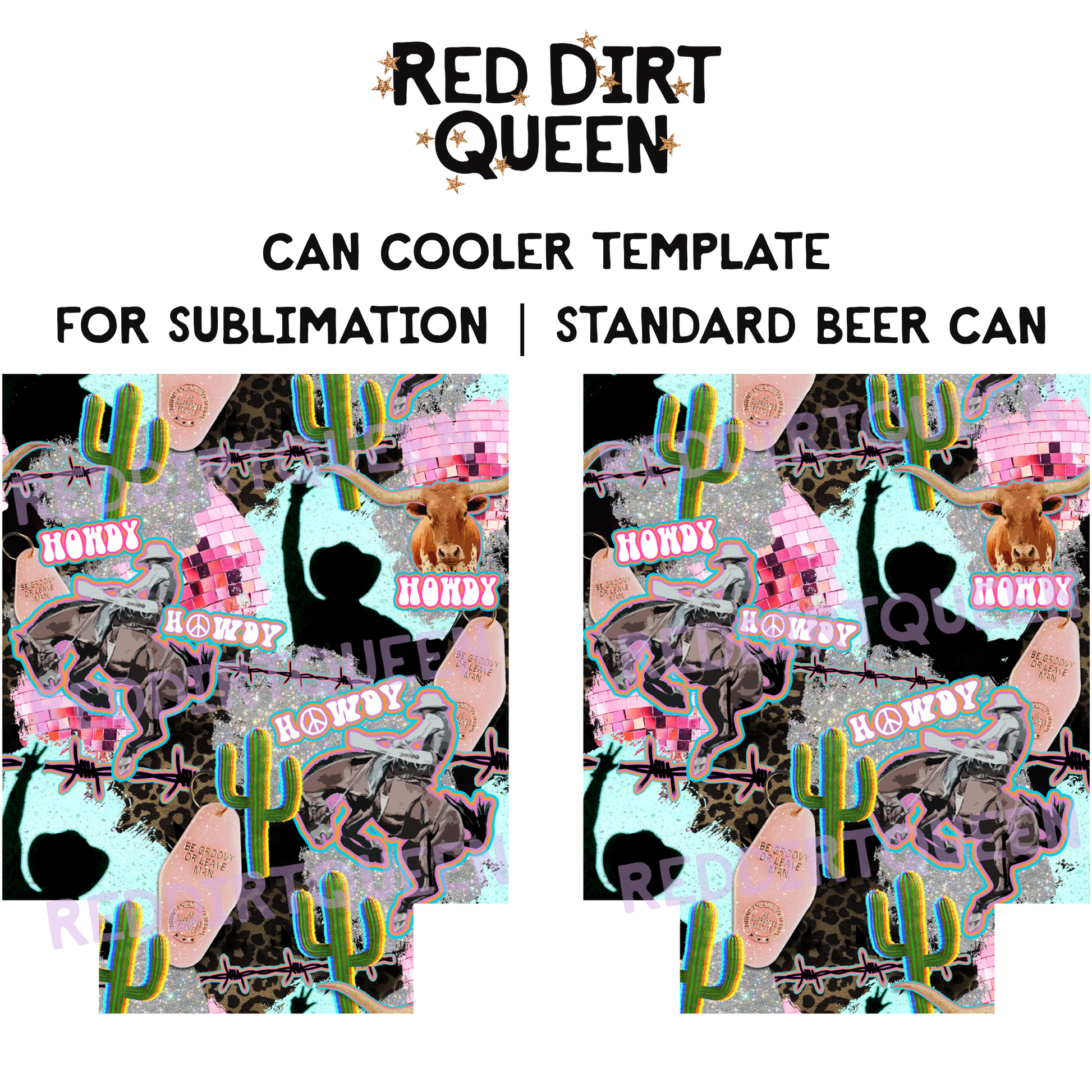 Funky cowboy collage with leopard print, disco balls, cowboys, cactus, and “Howdy” text, 12oz standard can cooler sublimation template PNG