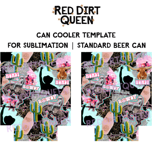 Funky cowboy collage with leopard print, disco balls, cowboys, cactus, and “Howdy” text, 12oz standard can cooler sublimation template PNG