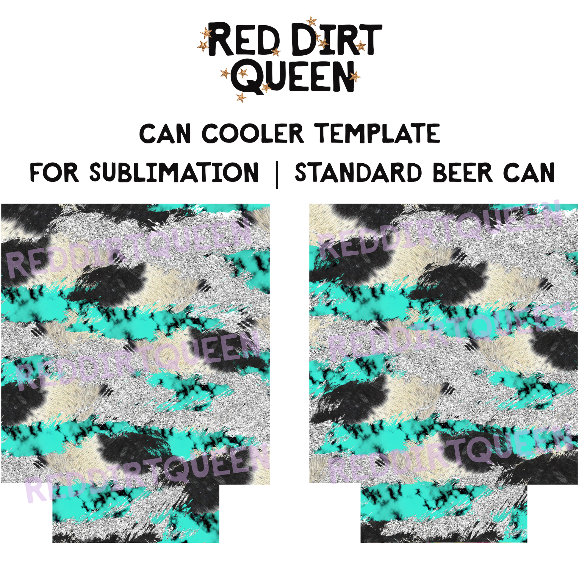 Black and white cowhide with silver glitter and turquoise stone accents, 12oz standard can cooler sublimation template PNG
