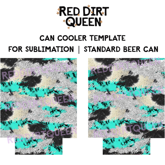 Black and white cowhide with silver glitter and turquoise stone accents, 12oz standard can cooler sublimation template PNG