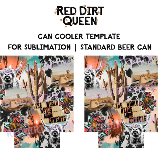 Western collage with cactus, cowhide, cow, and cowboy hat on 12oz standard can cooler sublimation template PNG