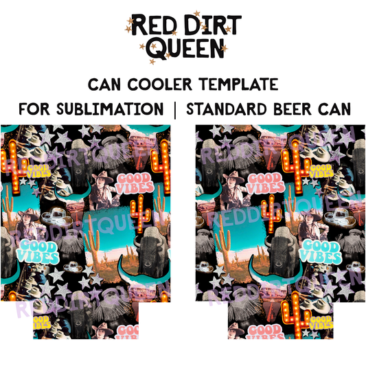 Cowgirl collage with vintage cowgirls, buffalo, cactus, glitter stars, neon cowboy hat, and “Good Vibes” text on 12oz standard can cooler sublimation template PNG