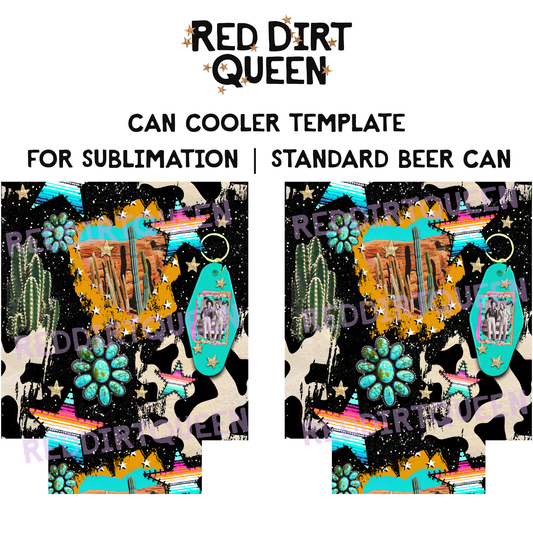 Cowgirl collage with serape stars, turquoise stones, cactus, cow print, and black glitter on 12oz standard can cooler sublimation template PNG