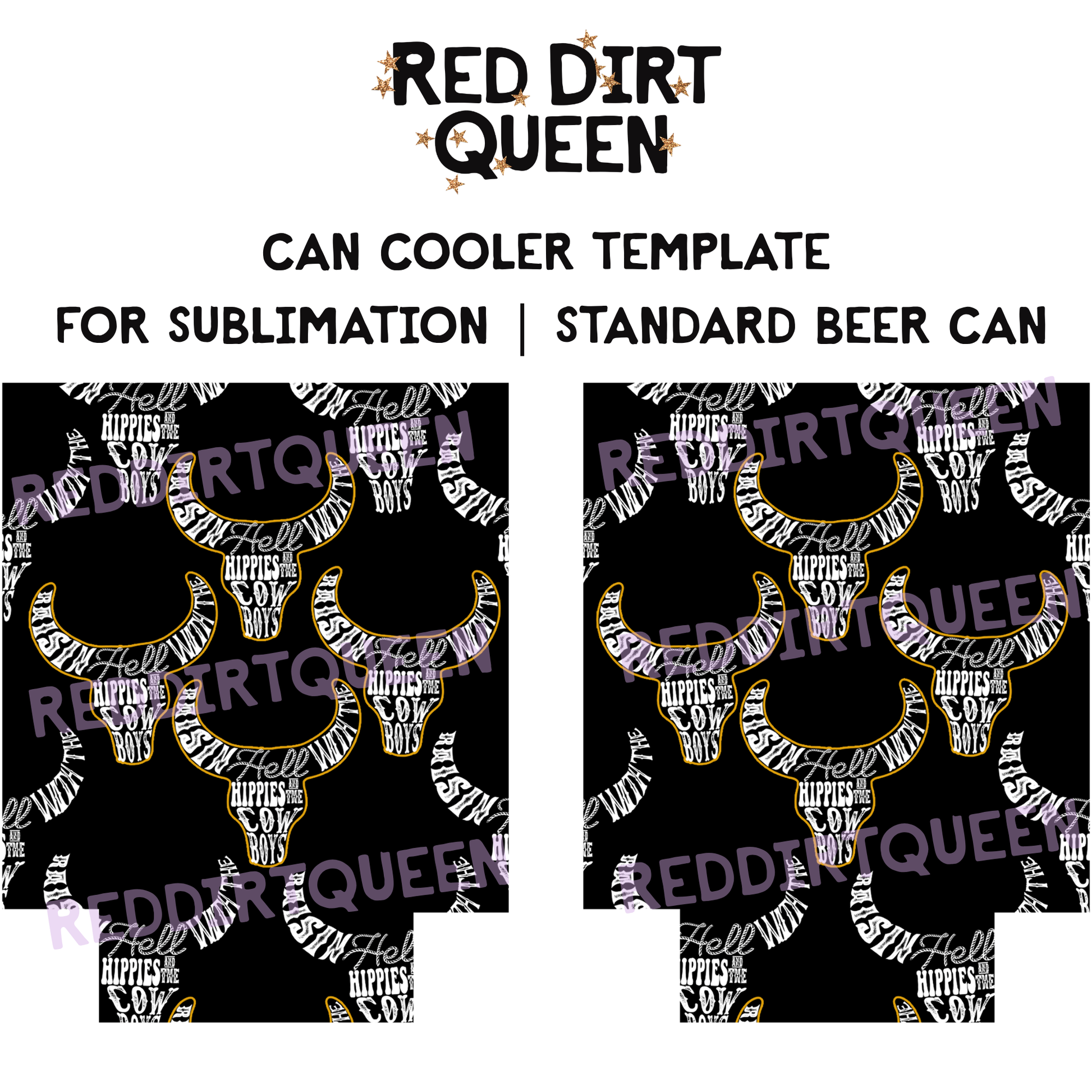 Black background with bull skulls and “Raising Hell” text, 12oz standard can cooler sublimation template PNG
