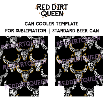 Black background with bull skulls and “Raising Hell” text, 12oz standard can cooler sublimation template PNG