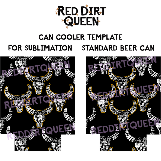 Black background with bull skulls and “Raising Hell” text, 12oz standard can cooler sublimation template PNG