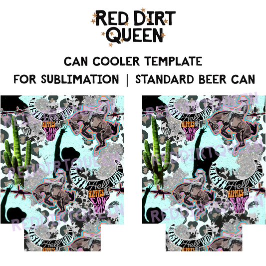 Western collage with cactus, glitter accents, cowboy, and skulls on 12oz standard can cooler sublimation template PNG
