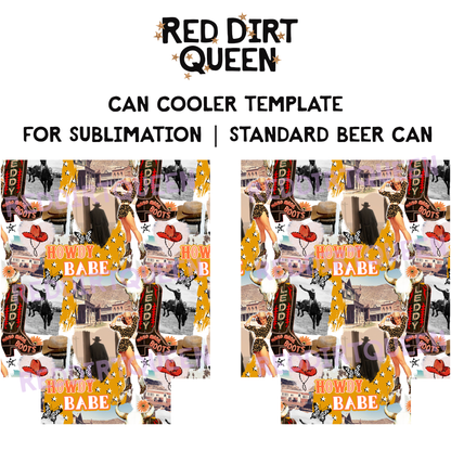 Howdy Babe collage with yellow accents, stars, bull skulls, cowboy hats, vintage cowgirls, and western scenes on 12oz standard can cooler sublimation template PNG