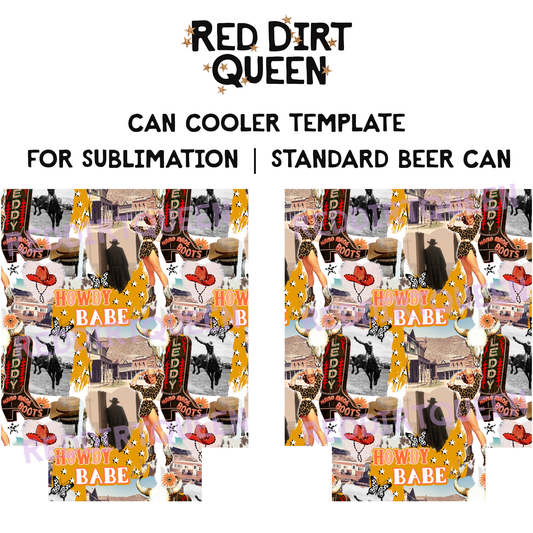 Howdy Babe collage with yellow accents, stars, bull skulls, cowboy hats, vintage cowgirls, and western scenes on 12oz standard can cooler sublimation template PNG