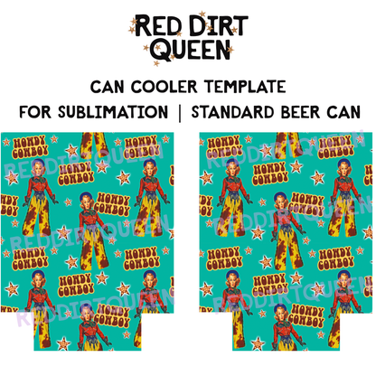 Turquoise background with vintage cowgirl and “Howdy Cowboy” text on 12oz standard can cooler sublimation template PNG