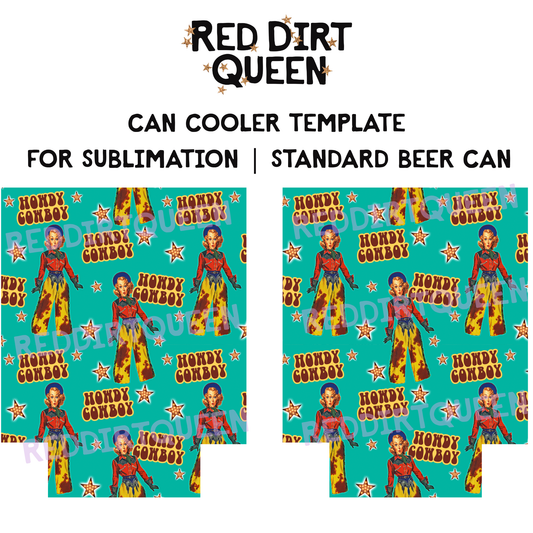 Turquoise background with vintage cowgirl and “Howdy Cowboy” text on 12oz standard can cooler sublimation template PNG