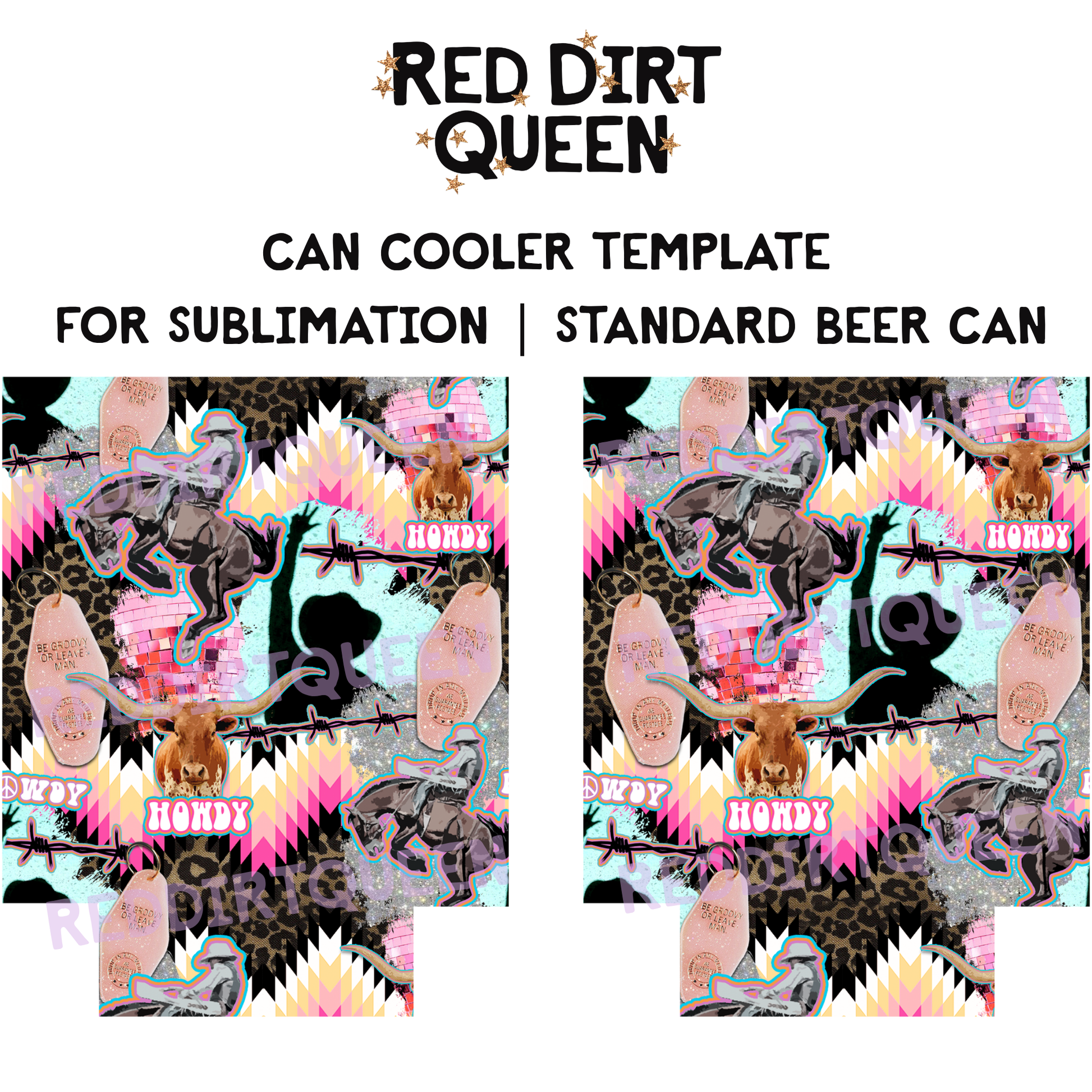 Leopard and Aztec cowboy collage with western elements on 12oz standard can cooler sublimation template PNG
