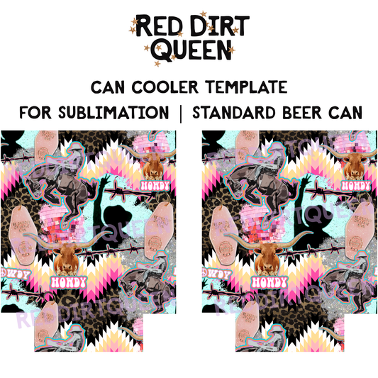 Leopard and Aztec cowboy collage with western elements on 12oz standard can cooler sublimation template PNG