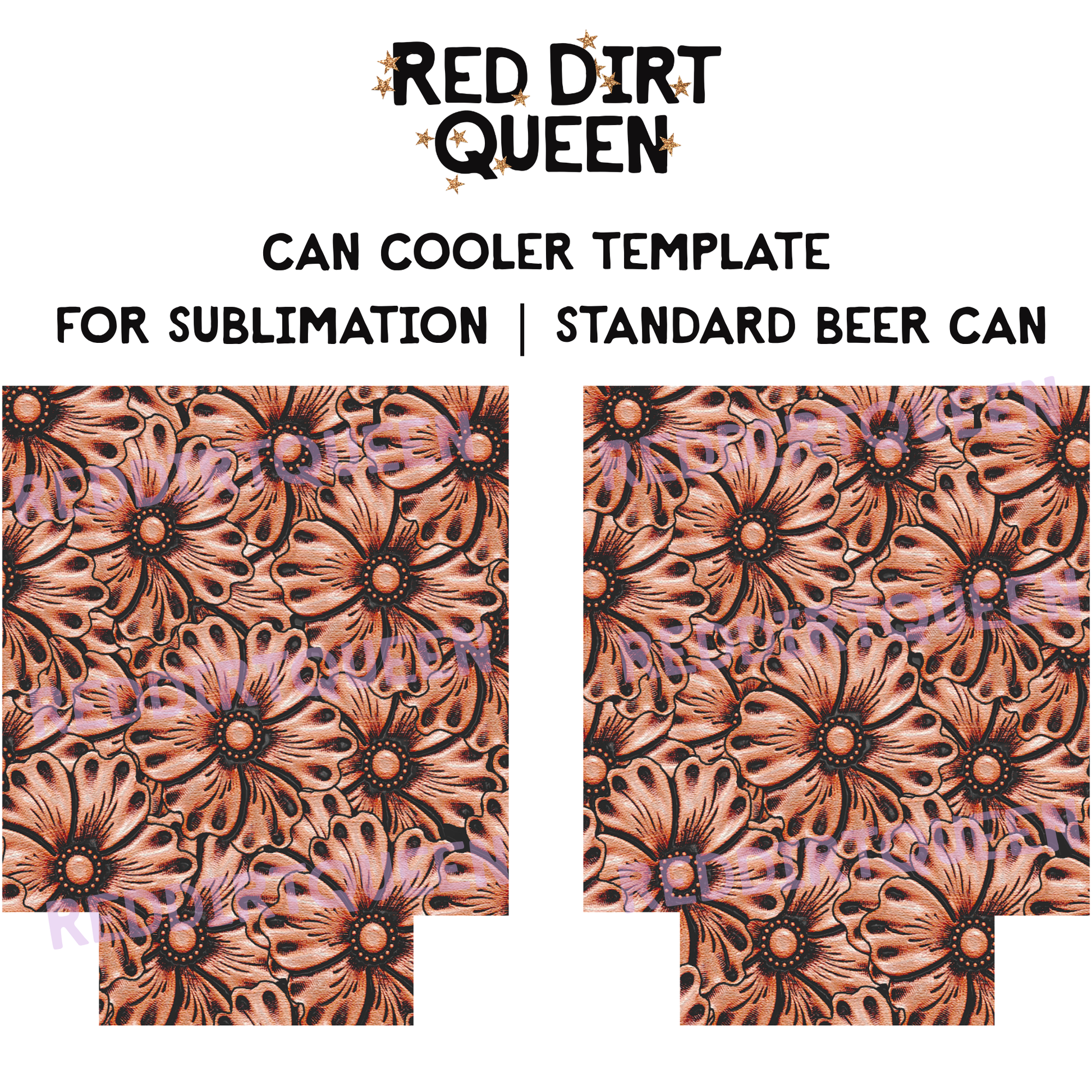 Brown tooled leather background with floral design on 12oz standard can cooler sublimation template PNG