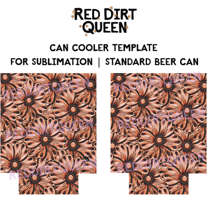Brown tooled leather background with floral design on 12oz standard can cooler sublimation template PNG