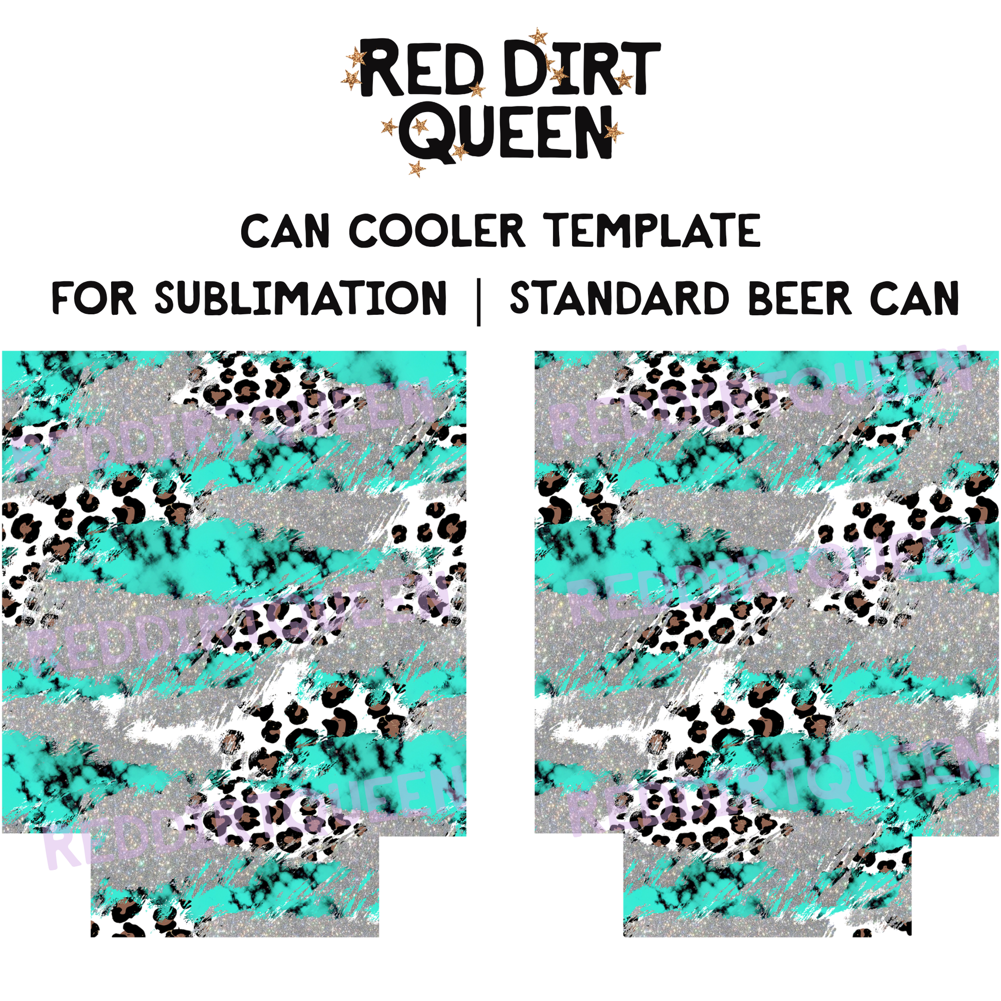 Turquoise, silver glitter, and leopard print mix on 12oz standard can cooler sublimation template PNG