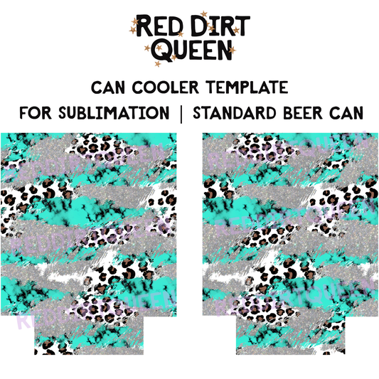 Turquoise, silver glitter, and leopard print mix on 12oz standard can cooler sublimation template PNG