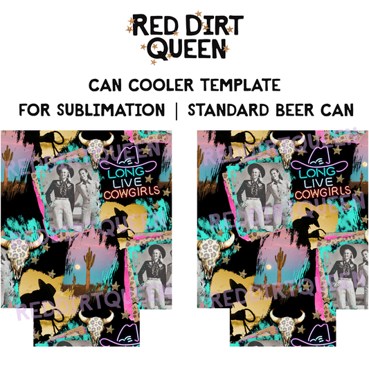 Long Live Cowgirls collage with vintage cowgirls, cactus, leopard bull skulls, and glitter stars on 12oz standard can cooler sublimation template PNG