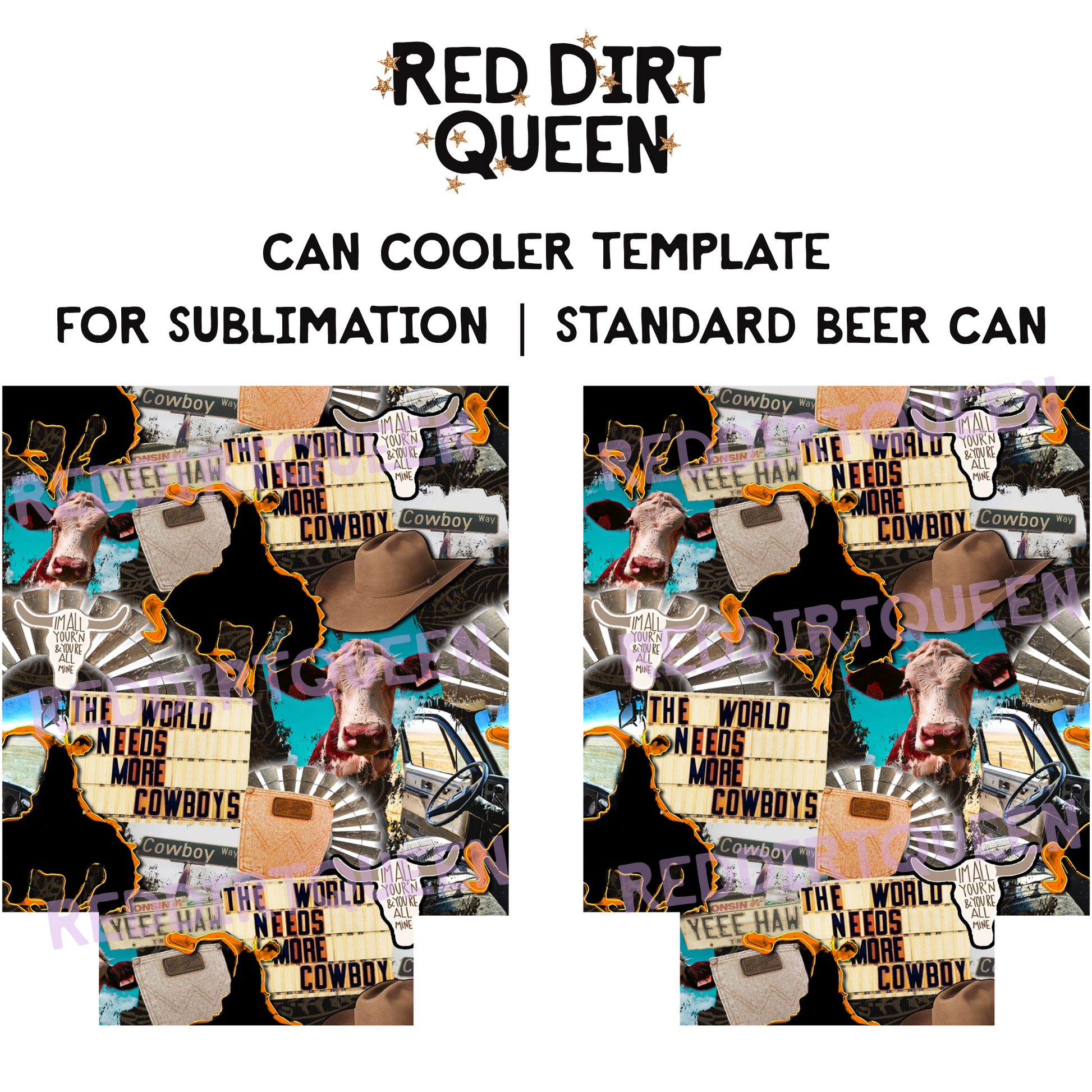 Western cowboy collage with cows, neon signs, and bucking horse on 12oz standard can cooler sublimation template PNG