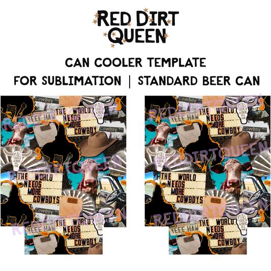 Western cowboy collage with cows, neon signs, and bucking horse on 12oz standard can cooler sublimation template PNG