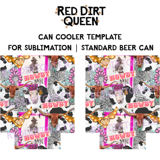 Girly cowgirl collage with pink, glitter, hearts, and cows on 12oz standard can cooler sublimation template PNG
