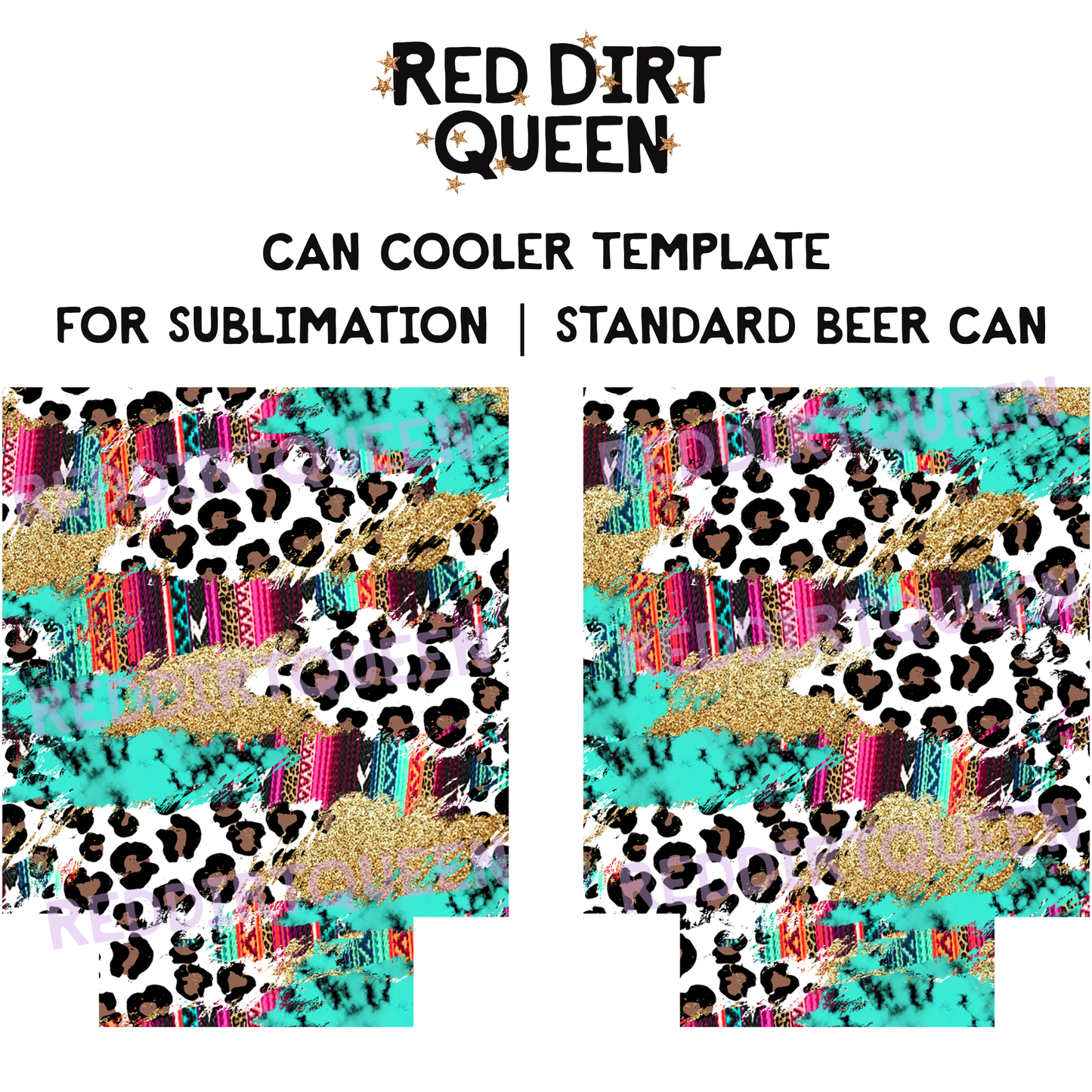 Serape, leopard, turquoise, and gold glitter mix on 12oz standard can cooler sublimation template PNG