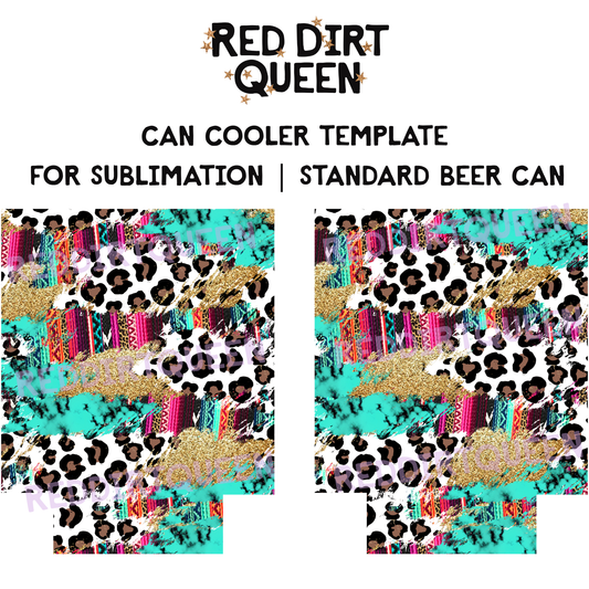 Serape, leopard, turquoise, and gold glitter mix on 12oz standard can cooler sublimation template PNG