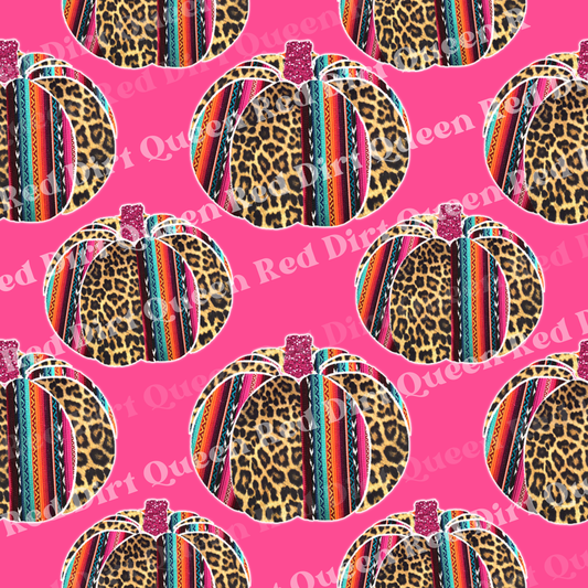 Fall & Halloween Seamless Pattern - Leopard Serape Pumpkins Pink