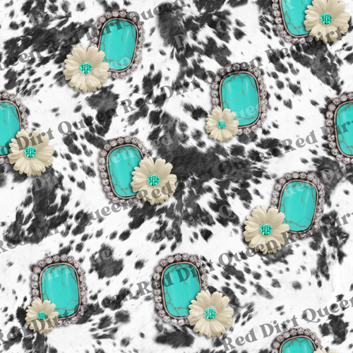 Cowhide Seamless Pattern - Floral Turquoise Stone Cowhide