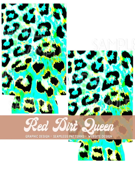 Neon Teal Green Leopard Slim Can Template