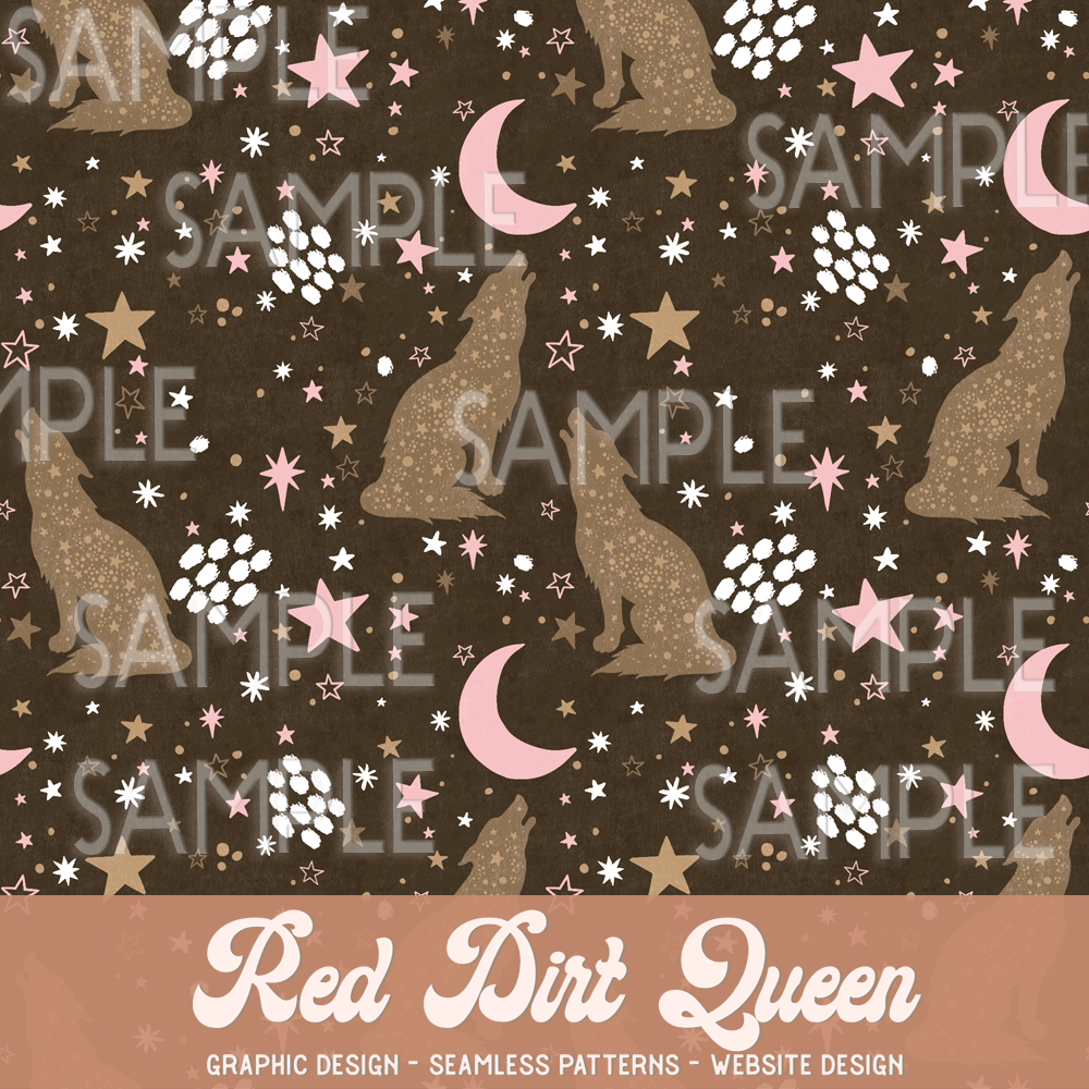 Seamless Pattern Brown Pink Stars Moons Wolves