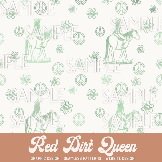 Seamless Pattern White Green Cowgirl Peace Signs