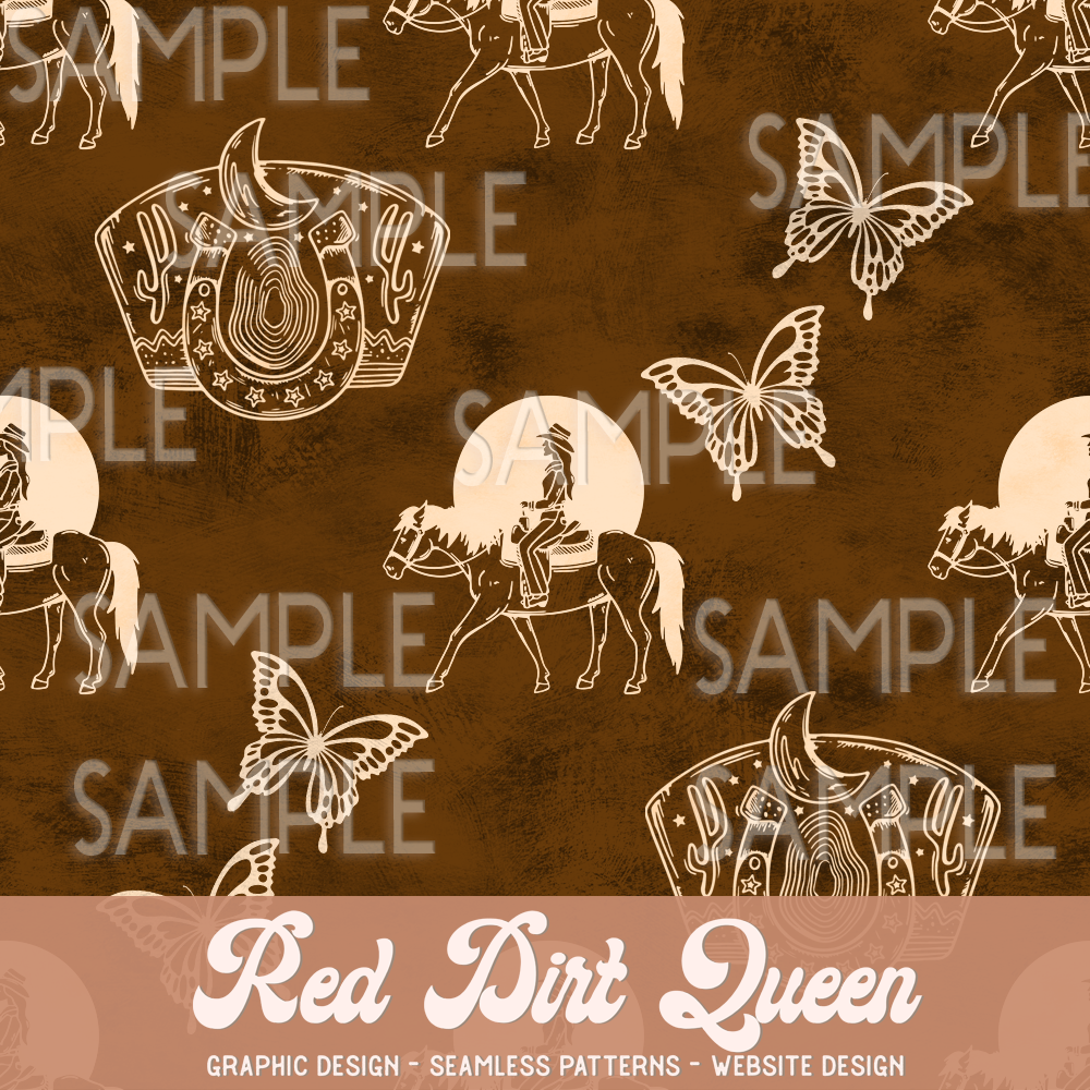 Seamless Pattern Distressed Brown Cowgirl Butterfly