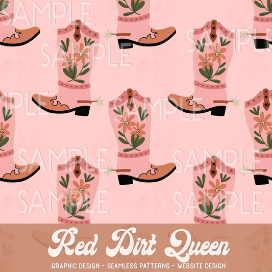 Seamless Pattern Textured Pink Floral Cowgirl Boots