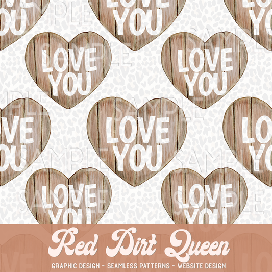 Seamless Pattern Carved Wood Heart Love You
