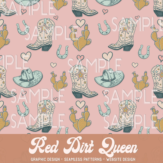 Seamless Pattern trendy Cowgirl Boots Cactus Hearts