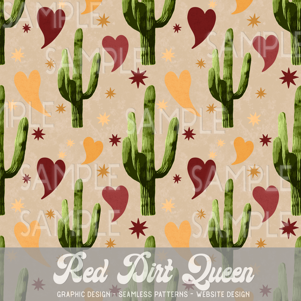Seamless Pattern Distressed Cactus Hearts Love