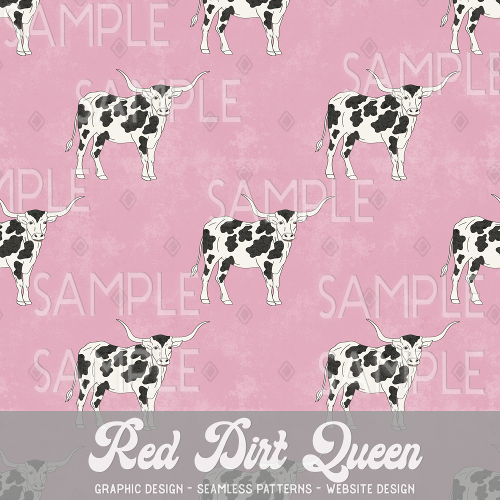 Seamless Pattern Longhorn Cow Doodle Distressed Pink