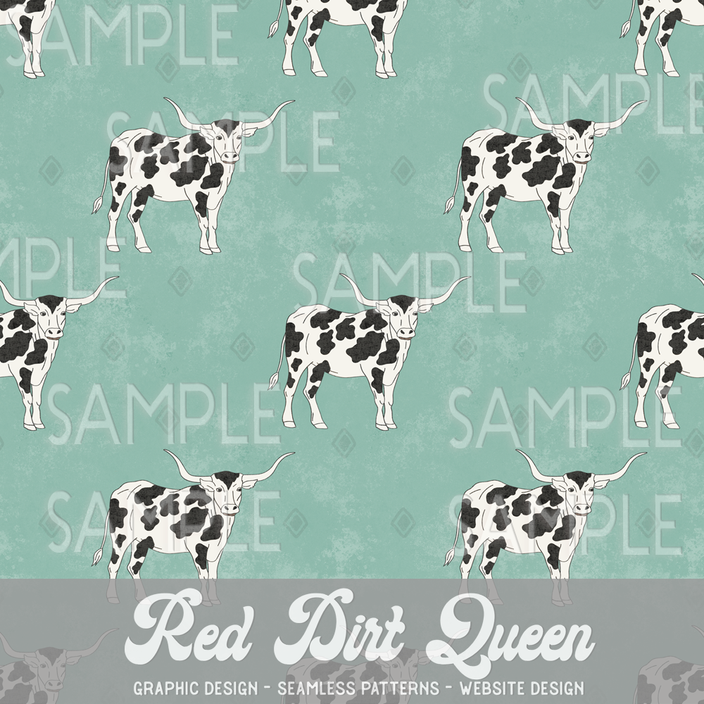 Seamless Pattern Longhorn Cow Doodle Distressed Teal